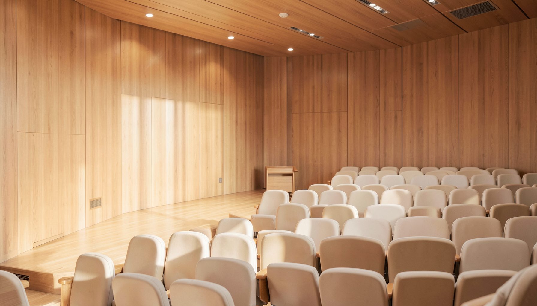 明るく柔らかな光が差し込む講演会場の風景。温かみのある木目調のステージと、落ち着いたベージュとアイボリーの座席が並び、穏やかで親しみやすい雰囲気