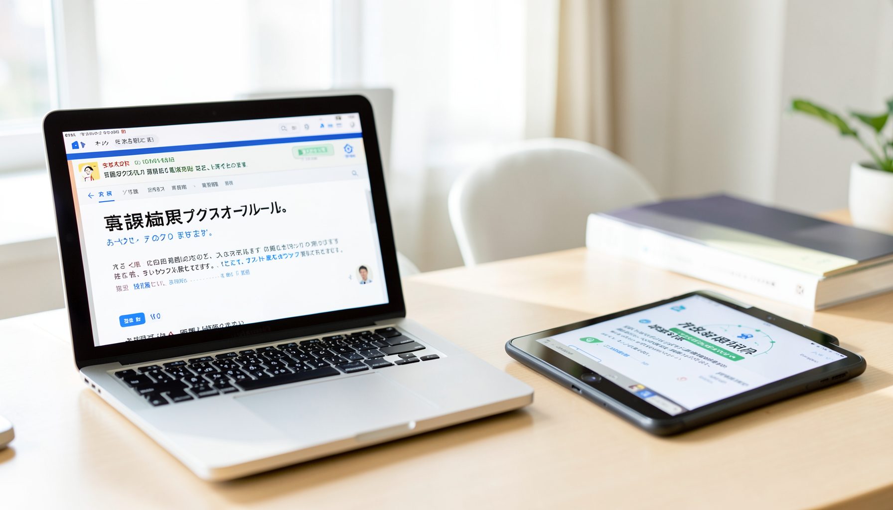 ノートパソコンとタブレット端末が並ぶ明るいデスク。画面には学会のプレゼンテーション資料が映し出され、オンライン参加のイメージを伝える