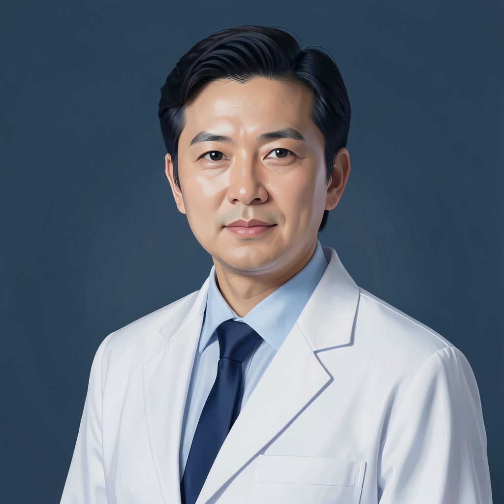 穏やかで知的な印象の医師をイメージした肖像画風イラスト。深い青とグレーを基調にした落ち着いた色合い